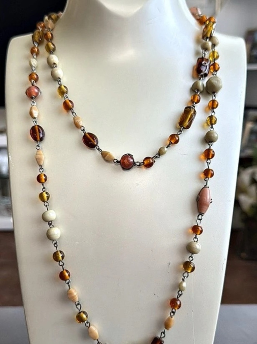 Vintage Glass Beaded Long Necklace in Brown & Gold - Like New